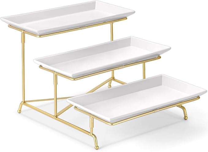 Yedio 3 Tier Serving Tray Set Porcelain Tiered Serving Platters, Collapsible Sturdier Stand with Stable Cross Bars, 12 Inch Three Layer Serving for Party Entertaining Food Display Fruit Dessert
