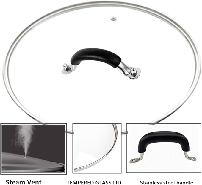 12 Inch Tempered Glass Lid for Lodge 12" Cast Iron Skillets & 7QT Dutch Ovens -Stainless Steel Handle and Rim (12 INCH LID)