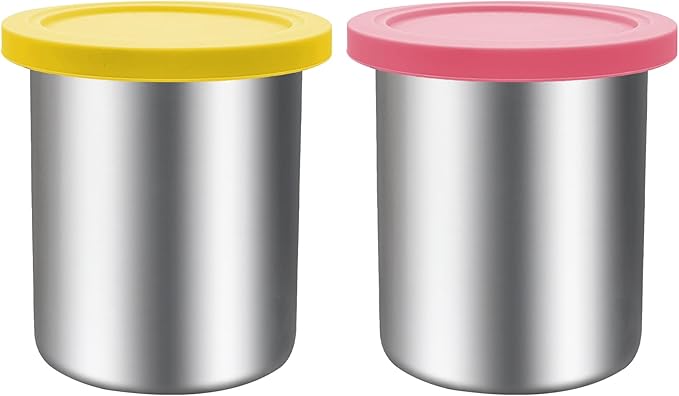 Stainless Steel Pint Containers & Lids Compatible with Ninja Creami ice Cream Maker NC500, NC501, CN501CO Delux Series– 2 Pack, 24 oz, Silicone Lids, BPA-Free, Dishwasher Safe