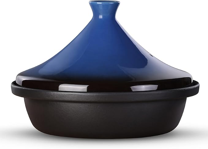 Moroccan Tagine for Cooking: Enameled Cast Iron Cooking Pot, Slow Cooker, Classic Kitchen Cookware, Tajine with Ceramic Cone-Shaped Closed Lid, 3.3 QT, Blue