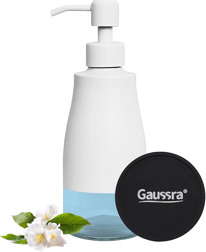 Gaussra White Soap Dispenser with Coaster and Stickers, Stainless Steel and Glass Bottle Hand Pump Dispenser, Refillable Liquid Hand Soap Dispenser for Bathroom & Kitchen (11OZ / 320ML)