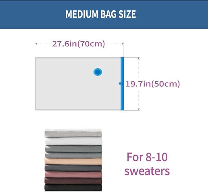 7 Pack Medium Space Saver Vacuum Storage Bags for Clothing Travel, Vacuum Seal Compression Bags for Clothes, Packing, Luggage, Blankets, Comforters and Pillows, Hand Pump Included