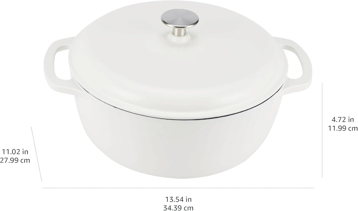 Amazon Basics Cast Iron Dutch Oven Pot with Lid, Enameled, Round, Dual Handles, Heavy-Duty, Medium, 6-Quart, Matte White