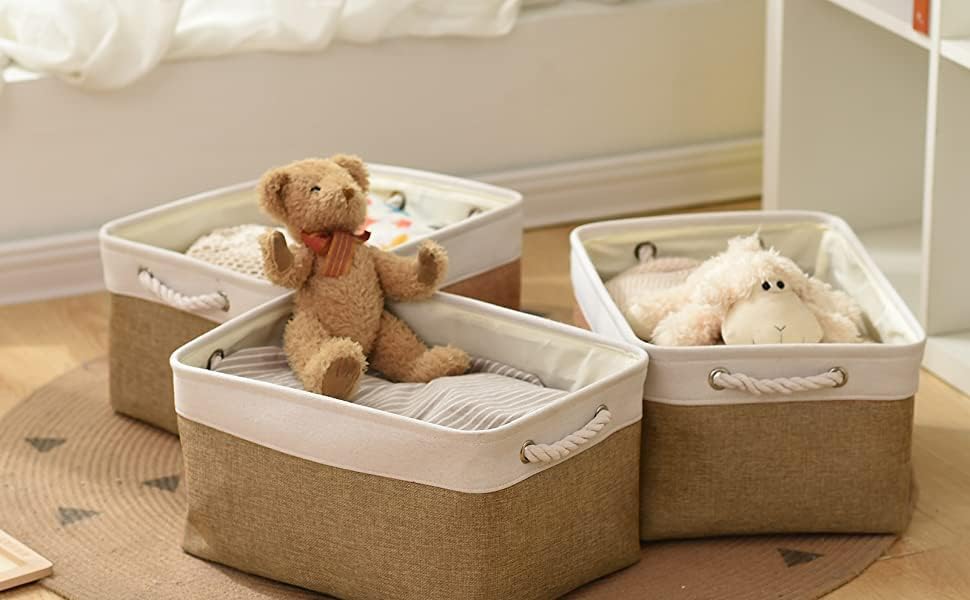 Rectangular Fabric Storage Baskets for Organizing, Shelves, Decorative & Gift (White & Peru)