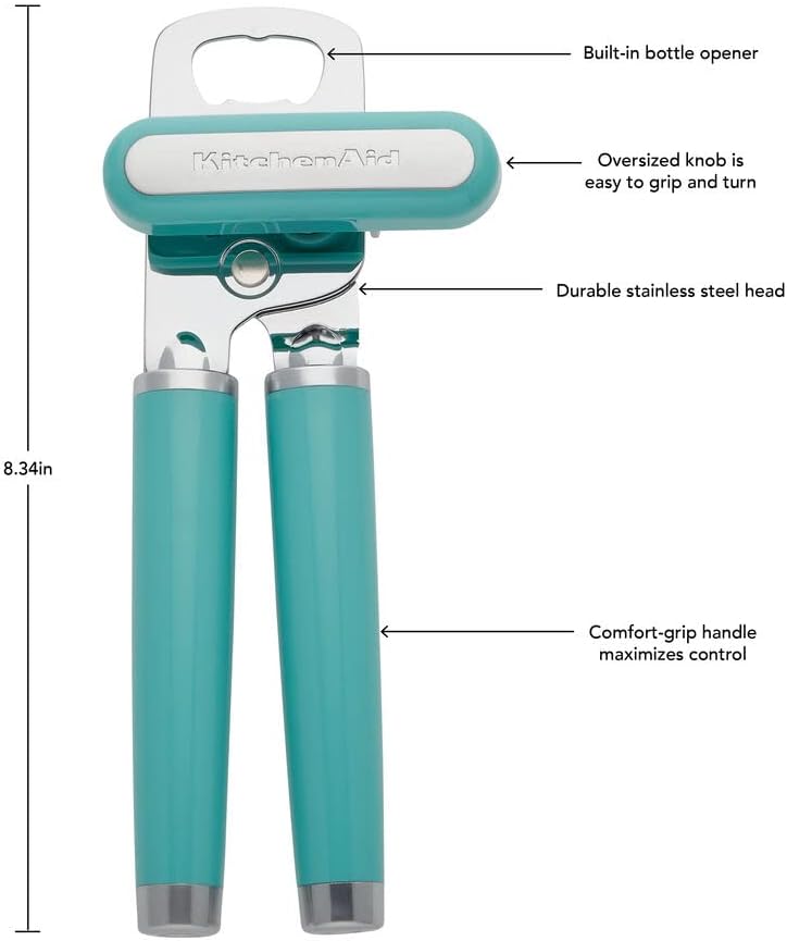 KitchenAid Classic Multifunction Can Opener and Bottle Opener Easy to Use, Razor Sharp Stainless Steel Cutting Wheel, Soft Ergonomic Handles, Aqua Sky