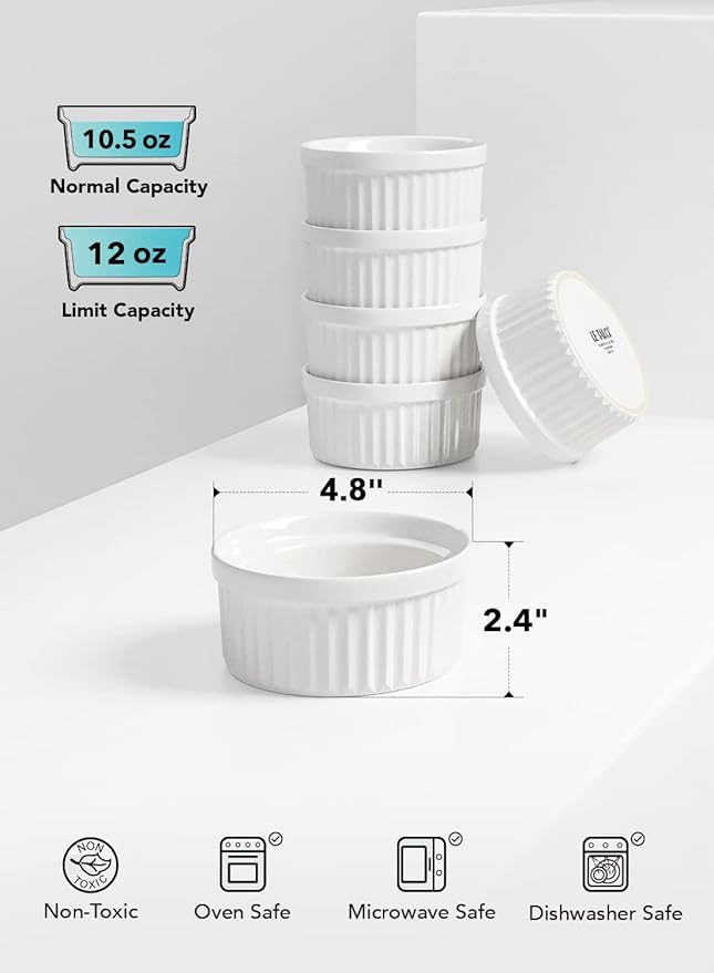 LE TAUCI Ramekins 12 OZ Oven Safe, Ceramic Souffle Dishes for Oven, Custard Cups, Creme Brulee Dishes, Porcelain Large Ramekins, Pudding Ramiken, Dipping Sauces, Set of 6, White