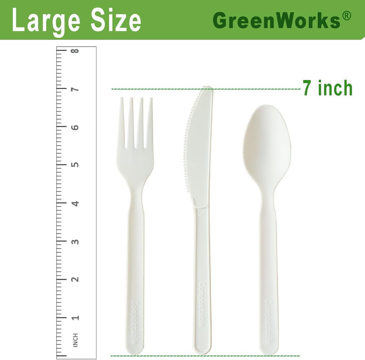 GreenWorks 300 Count 7" Heavy-duty Compostable Cutlery Set,100 Forks 100 Spoons 100 Knives,BPI Certified Large t Disposable Bio-based Cutlery