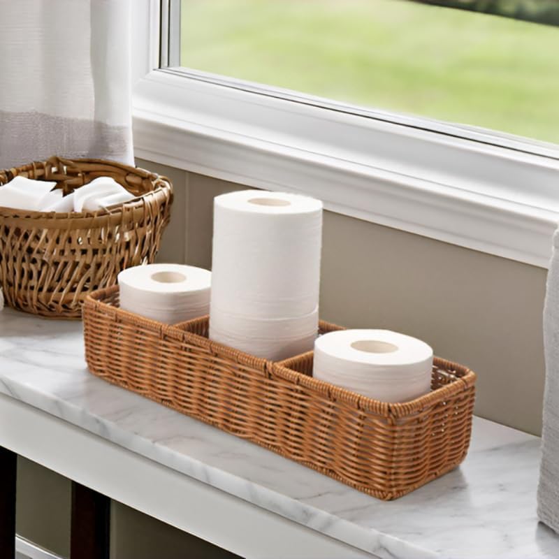 Toilet Tank Basket, Toilet Basket Tank Topper, Imitation Rattan Basket, Woven Basket, Bathroom Storage Basket for Organizing and Decor (16.5 x 5.5 x 3.5 inch)