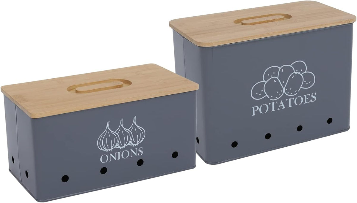 Potato Onion Storage Box, Food Container Sets, Storage Canisters for Vegeatables, Set of 2 Jars Pots Containers, Potato & Onion Bin with Aerating Tin Storage Holes & Bamboo Lid-Gray
