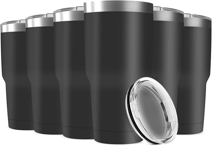 30oz Stainless Steel Travel Mug with Lid, 6 Pack Double Wall Vacuum Insulated Bulk Tumbler, Powder Coated Coffee Cup Suitable for Vehicle Cup Holders(Black)
