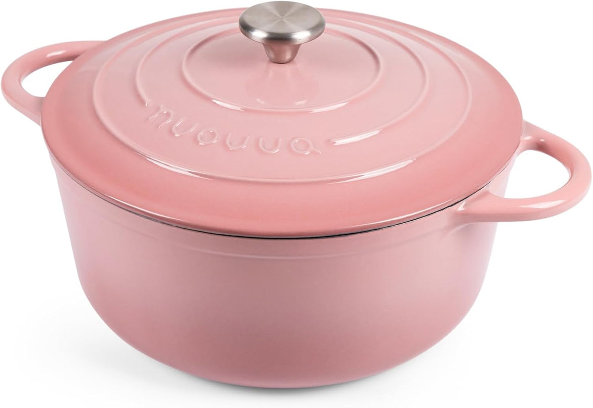 Nuovva Enamelled Cast Iron Dutch Oven Pot with Lid 6.4 Quart Non Stick Casserole Pot – Heavy Duty & Oven Safe up to 500° F for Bread Baking, Braising, Stews, Roasting – 28cm Pink