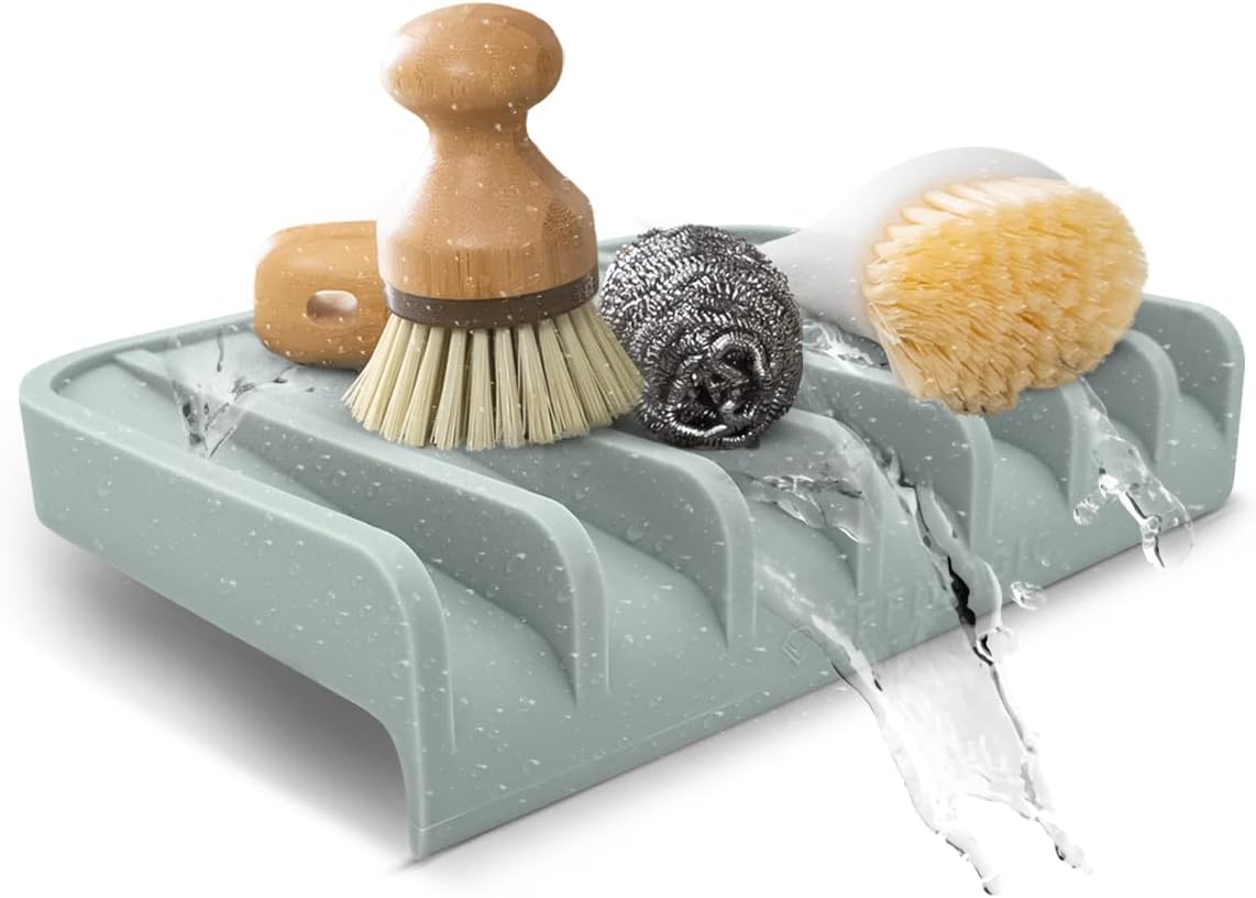 Effilogic Silicone Sponge Holder – Self-Draining Kitchen Sink Organizer, Quick Dry Mat and Counter Protector – Dishwashing Accessories for Sponges, Brushes, and Soap - Medium Grey