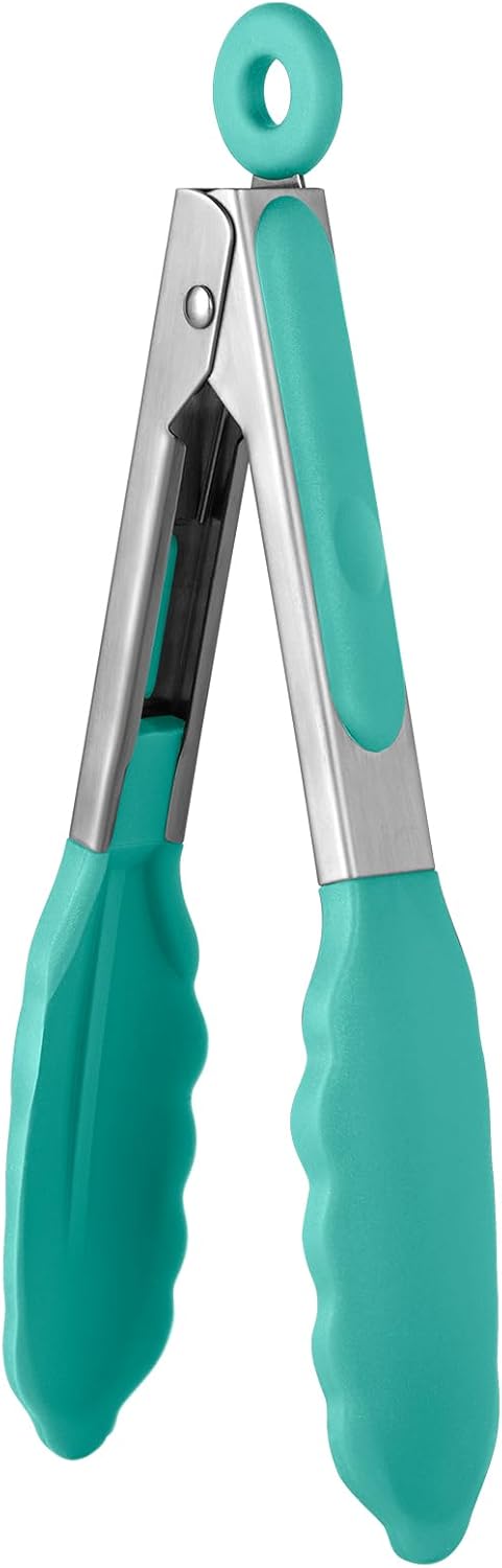600ºF Heat Resistant Kitchen Tong: U-Taste 7in Silicone Cooking Tong with Firm Sealed Non Stick Rubber Tips & Silicon Coated 18/8 Stainless Steel Handle & Smooth Locking for Serving Salad (Aqua Sky)