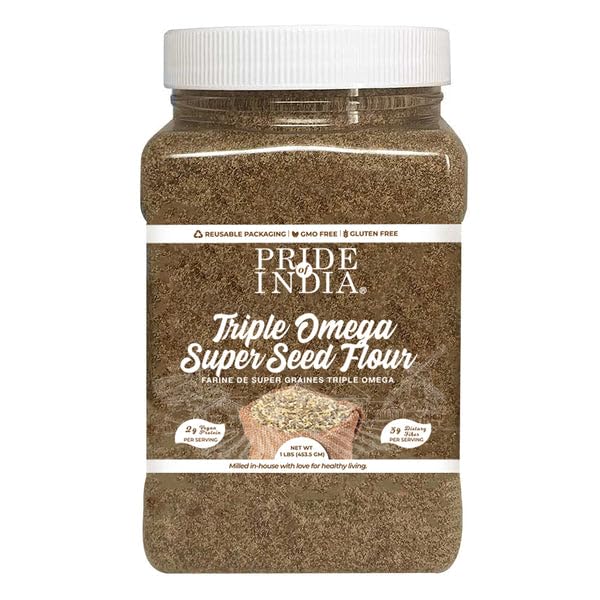 Pride of India - PACK of 6 - Triple Omega Superseed Flour 1 lbs (454 gm) Nutty Earthy Taste Milled in Small Batches | Chia Flax Sesame Seed mix | Used for Cooking Baking Coating Muffins Smoothies