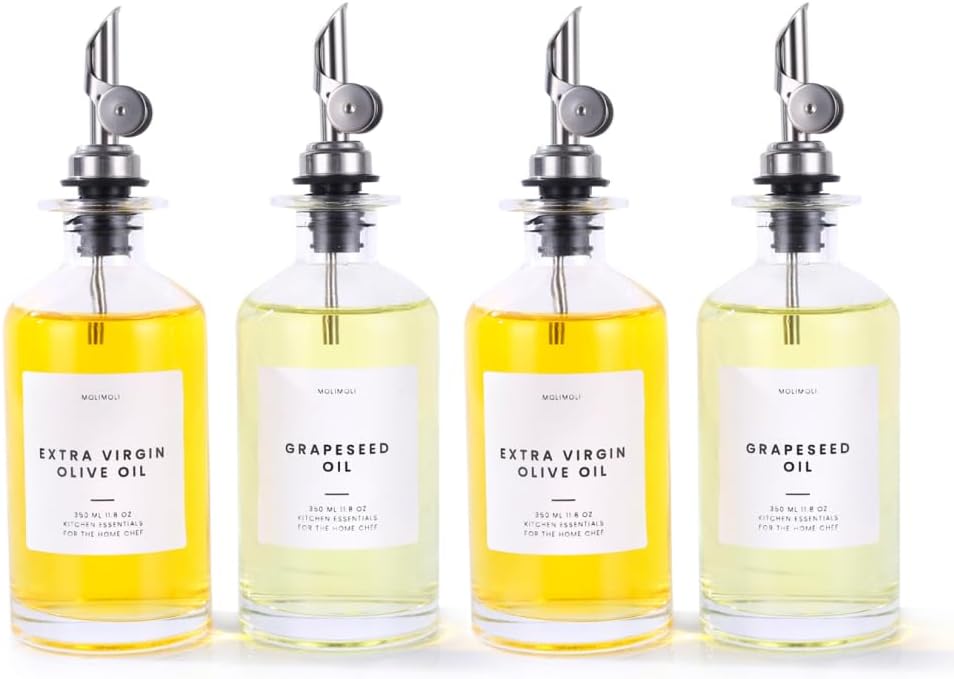 Molimoli Olive Oil Dispenser Bottle for Kitchen, Oil Dispenser w. Weighted Pourer, Glass Bottle Dispenser for Kitchen, Olive Oil Cruet, Glass Olive Oil Bottle | 350ml, Set of 4