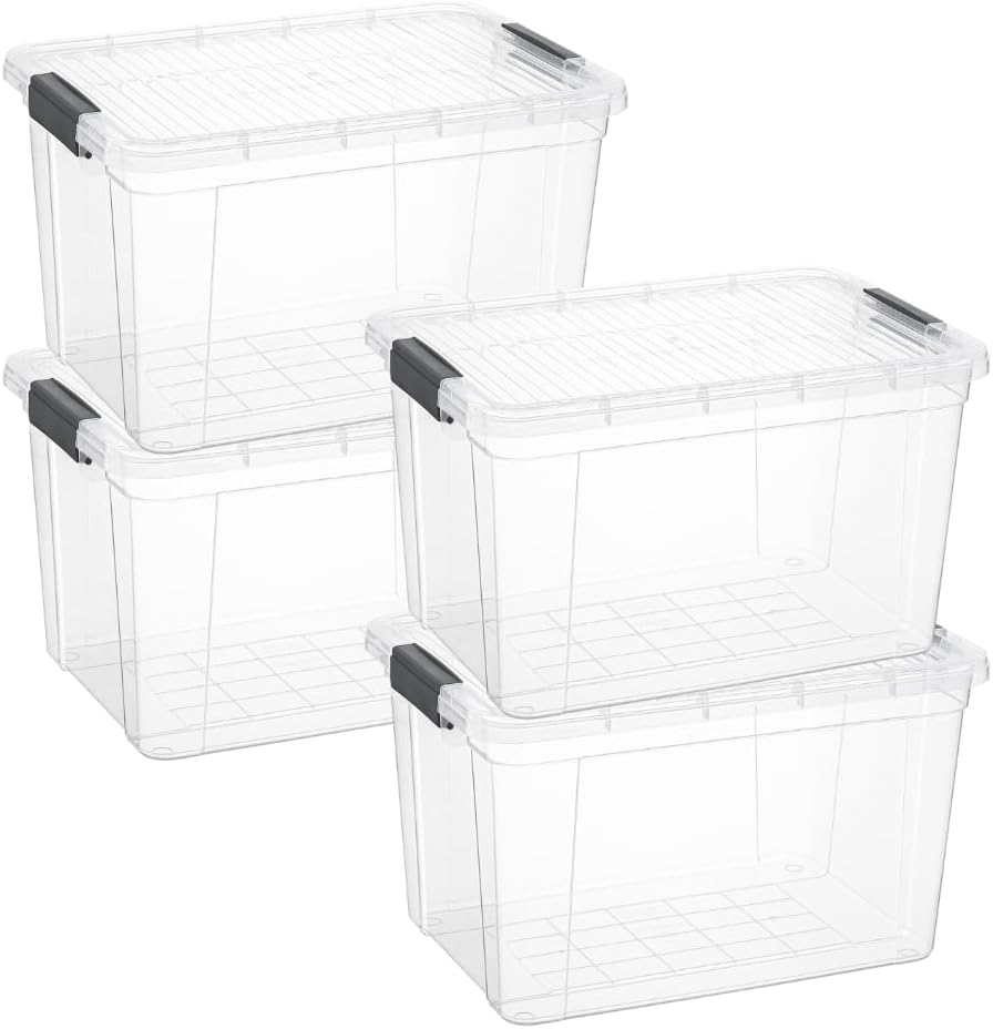Superio Clear Storage Boxes with Lids, 14.25 Quart Plastic Container Bins for Organizing, Stackable Crates, BPA Free, Non Toxic, Odor Free, Organizers for Home, Office and Dorm, 4 Pack