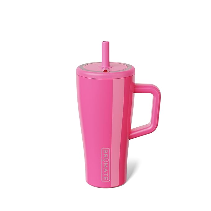 BrüMate Era 20 oz Tumbler with Handle and Straw | 100% Leakproof Insulated Tumbler with Lid and Straw | Made of Stainless Steel | Cup Holder Friendly Base | 20oz (Neon Pink)