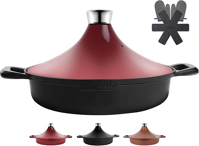 Non-Stick Frying Pan/Skillet 11", 3QT Tagine Pan,Cast Aluminum Pans with Lid, Stove/Oven-to-Table Cookware, Dishwasher Safe& Compatible with All Stovetops（Black Red）