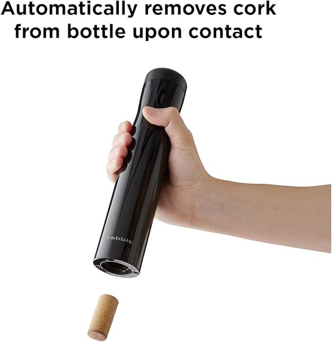 Rabbit Automatic Electric Corkscrew Wine Opener, Cordless Rechargeable, One-Touch Operation, Sleek Shiny Black Finish, Easy to Use for Wine Lovers