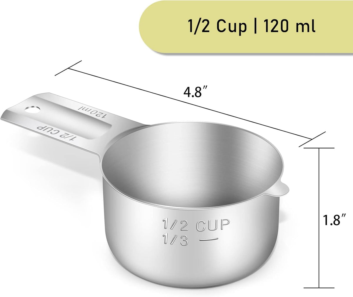 4PCS 1/2Cup (120ml, 4oz) Single Measuring Cup, Stainless Steel Measure Scoop, Metric and US Measurement, Dishwasher Safe