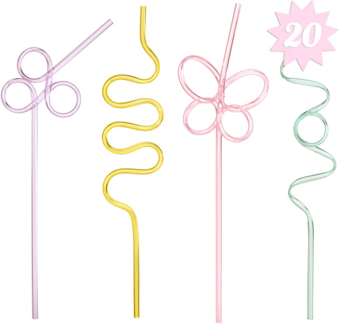 xo, Fetti Pastel Reusable Straw Set - 20 pc | Rainbow Birthday Party, Butterfly Bachelorette, Bridal Shower Decorations | Squiggly, Wavy,