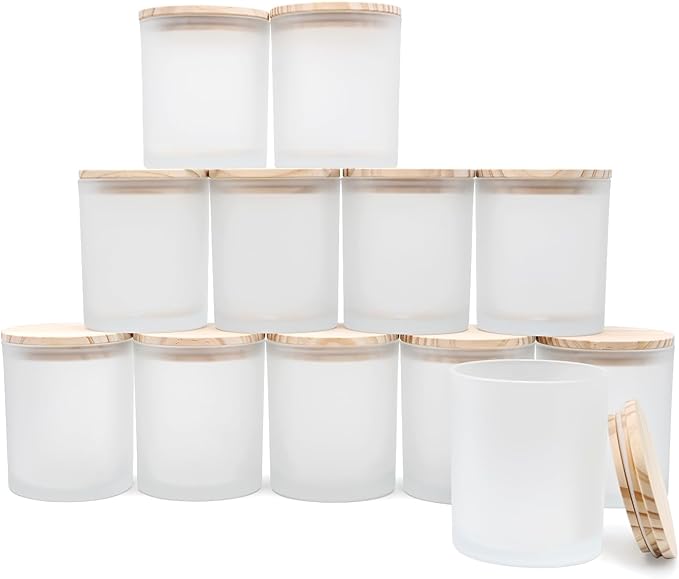 14 OZ Thick Candle Jars for Making Candles 12 Pcs, 3 Wick Empty Jars with Wood Lids for Candle Making, Sample Container,Frosted White