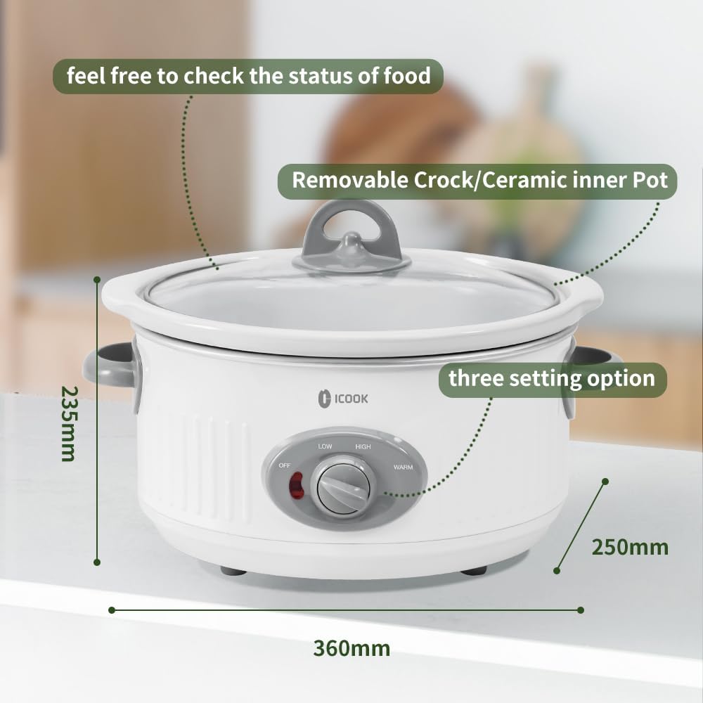 ICOOK Slow Cooker 3.5 Quart USC-351-OG,Dishwasher Safe Crock/Ceramic inner pot and Glass lid,Small Slow Cooker,Oval Shape,White
