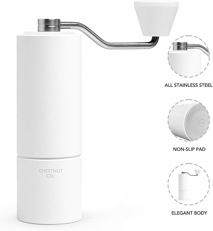 TIMEMORE Manual Coffee Grinder CNC Stainless Steel Burr Coffee Grinder with Capacity 20g Chestnut C3S Internal External Adjustable Setting, Double Bearing Positioning for Travel Camping, Home White