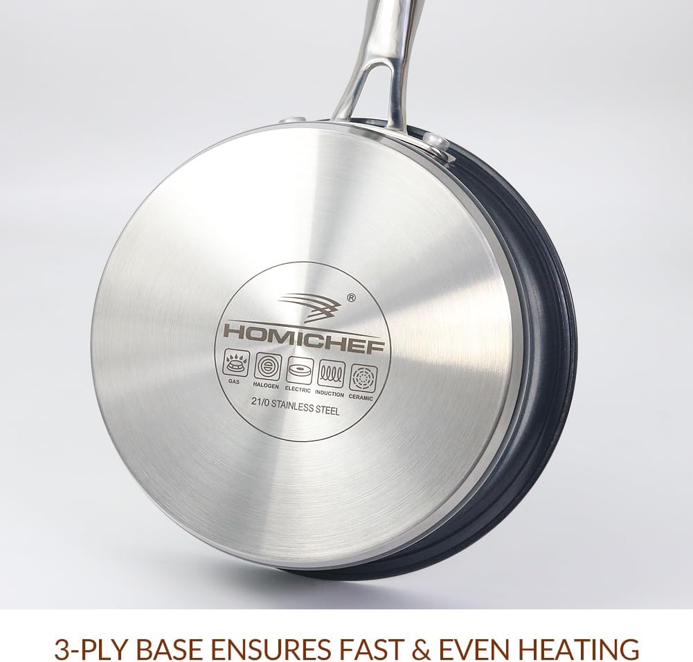HOMICHEF 1 QT Nickel Free Stainless Steel Saucepan Coating Free - Navy Gray Healthy Non Toxic Small Pot Induction - Stainless Steel Saucepan with Glass Lid