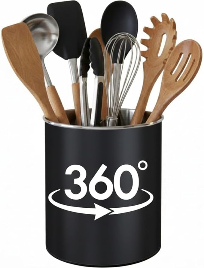 Cooler Kitchen Black Rotating Extra Large Stainless Steel Utensil Holder Caddy with Sturdy No-Tip Weighted Base, Removable Divider, and Gripped Insert - Dishwasher Safe Metal Cooking Utensil Holder