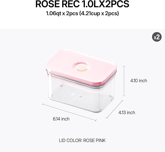 VAKUEN Premium Airtight Food Storage Containers ROSE Rectangular 1.06qt 2P/SET, Patented Double Silicone Lining, 100% Leak Proof, BPA-FREE