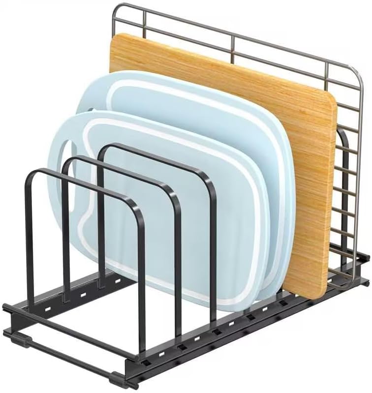 TEAMOLA Adjustable Bakeware Organizer Rack - 1pc Black Heavy-Duty Metal Cutting Board Rack for Cutting Boards & Cookware, Holds Utensils Up to 9.84" Wide (Space-Saving Holder Fits Narrow Countertops)