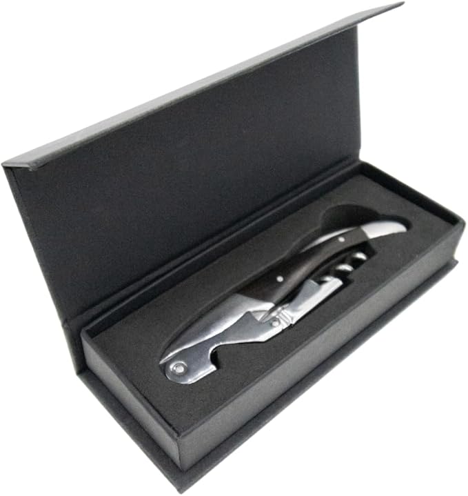 The Wine Chic Premium Professional Corkscrew Wine Opener with Elegant Wood Handle, Manual Wine Key with Foil Knife and Cap Bottle Opener for Bartenders, Waiters and Sommeliers (Black)