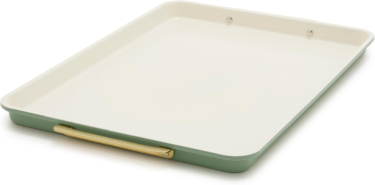 GreenPan Bakeware 13"x18" Half Baking Sheet Pan, Ceramic Nonstick Baking Pan, PFAS & BPA Free, Gold Handles, Durable Steel, Versatile & Space Saving Ovenware, Freezer to Oven Dish, Sage Green
