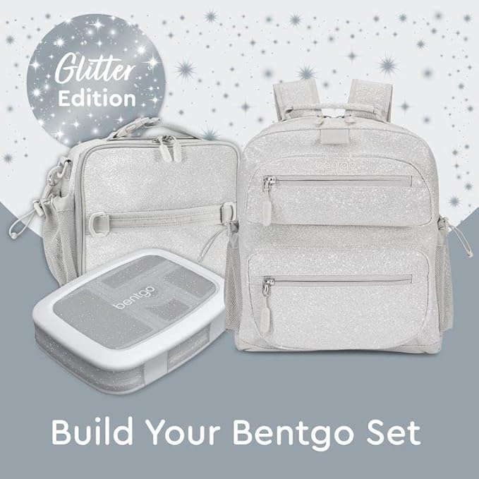 Bentgo Kids 5-Compartment Lunch Box - Glitter Design for School, Ideal for Ages 3-7, Leak-Proof, Drop-Proof, Dishwasher Safe, & Made with PFAS & BPA-Free Materials (Glitter Edition - Silver)