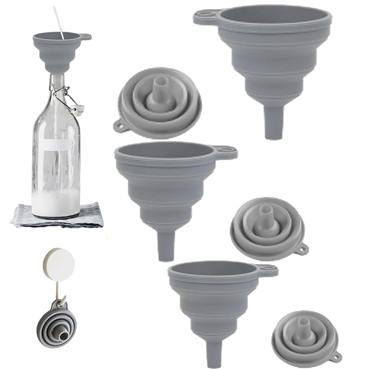 Kitchen Funnel Set, 2025 Upgrade Silicone Collapsible Funnel Silicone Collapsible Food Funnels for Kitchen 3 Sizes Funnels for Home Use Filling Bottles Daily Cooking (Grey, 1Set 11+14+20g)