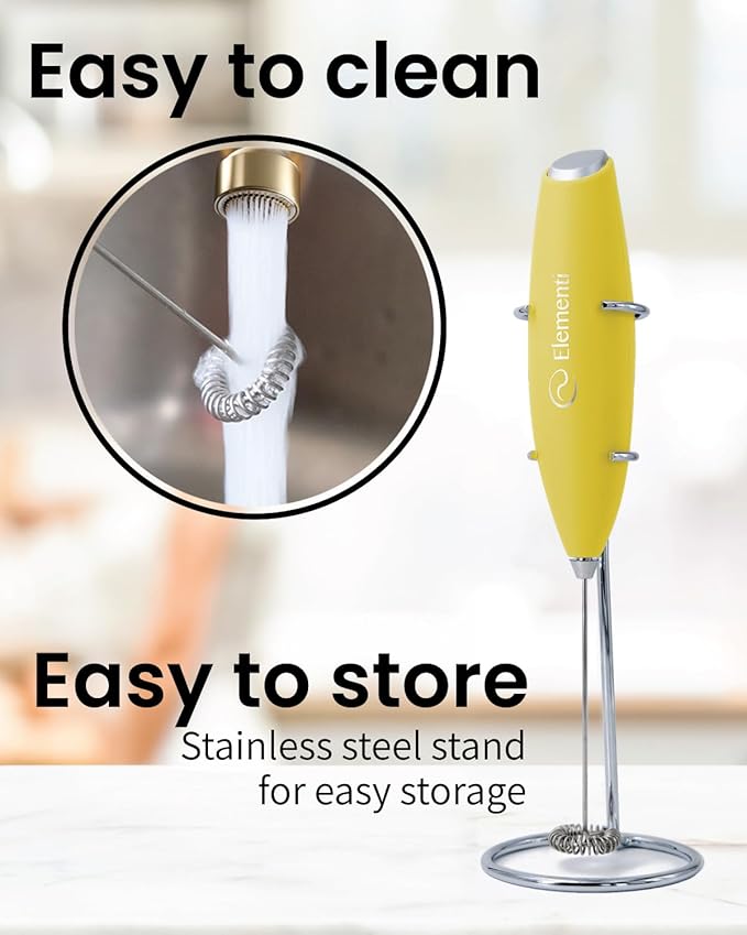 Elementi Milk Frother Handheld - Electric Coffee Mixer for Lattes, Cappuccinos and Cold Foam - Compact Drink Frother Wand for Barista-Style Beverages (Yellow)