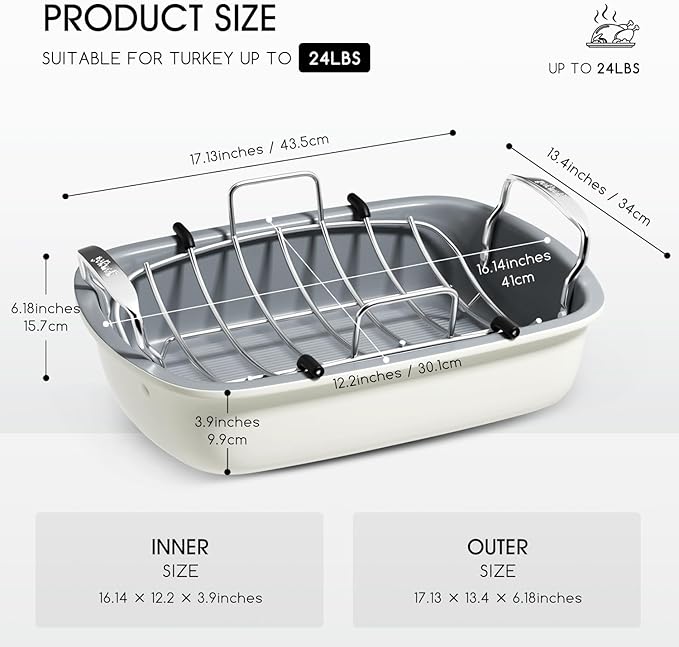 Turkey Roasting Pan, 17x13 Inch Nonstick Roaster Pan with Removable Rack, Turkey Baster, Meat Thermometer, Turkey Brine Bags, Ideal for Roasting Turkey, Meats & Vegetables (Cream&Silver)