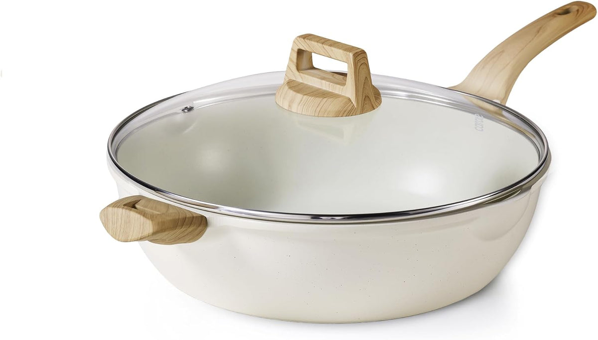 CAROTE 12.5Inch Nonstick Deep Frying Pan with Lid, 6.5 Qt Jumbo Cooker Saute Pan with Pour Spout, Skillet Induction Cookware, Non Stick Cooking Pan Kitchen Pan PFOA Free, White Granite