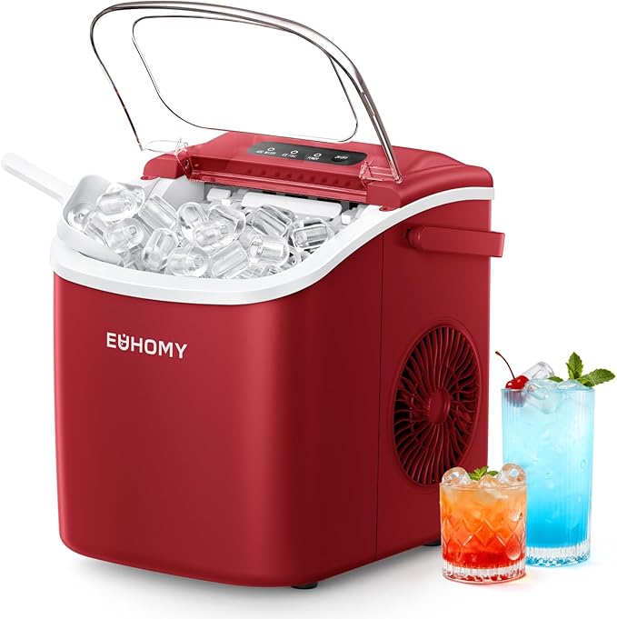 EUHOMY Countertop Ice Maker Machine with Handle, 26lbs Per Day, 9 Ice Cubes Ready in 6 Mins, Auto-Cleaning Portable Ice Maker with Basket and Scoop, for Home/Kitchen/Camping/RV (Red)