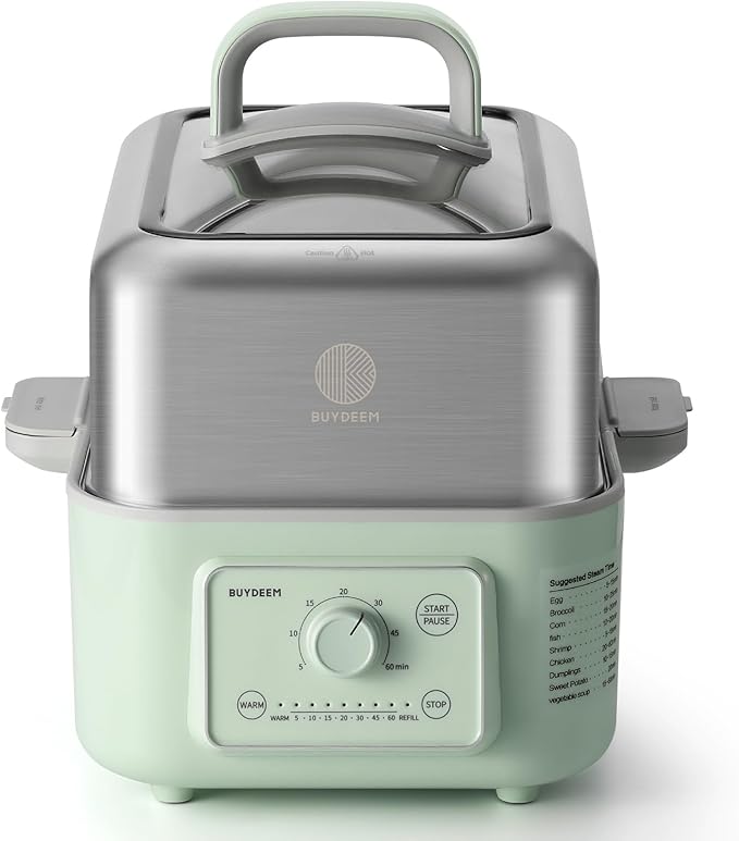 BUYDEEM G52 5.3 Quart Electric Food Steamer for 2-4 Servings, Vegetable Steamer for Cooking, 2-hour Keep Warm, 7 Preset Timings, Dual Boil-Dry Protection, Stainless Steel, Cozy Greenish