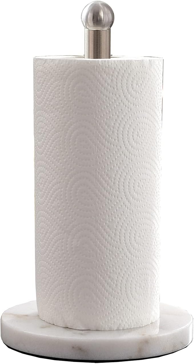 Paper Towel Holder with Sturdy Marble Base, Freestanding Paper Towel Holder Countertop, One-Handed Use, No Wobbly (Brushed Nickel)