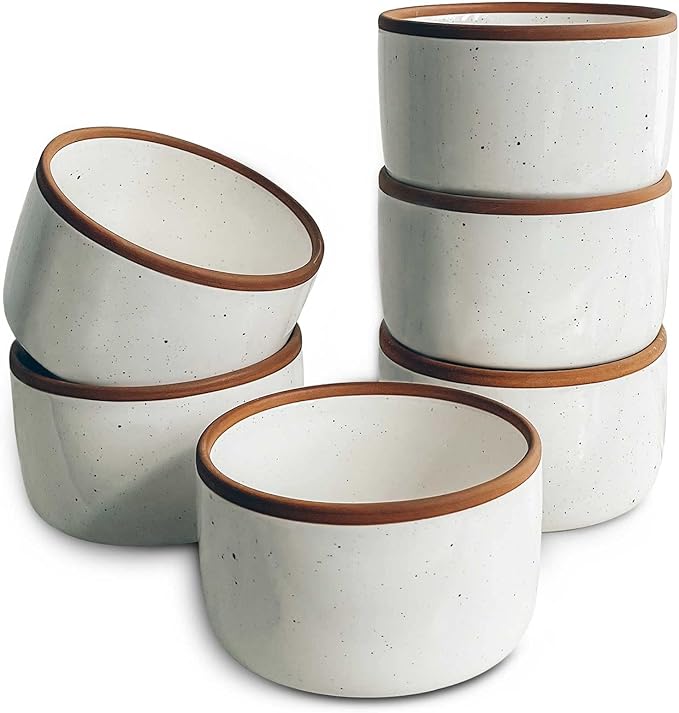 Mora Ceramic Ramekins - 8oz, Set of 6 - Small Oven Safe Baking Dishes/Cups - For Personal Pudding, Creme Brulee, Souffle, Serving Dip, Custard, Ice Cream - Single Mini Bowls - Vanilla White