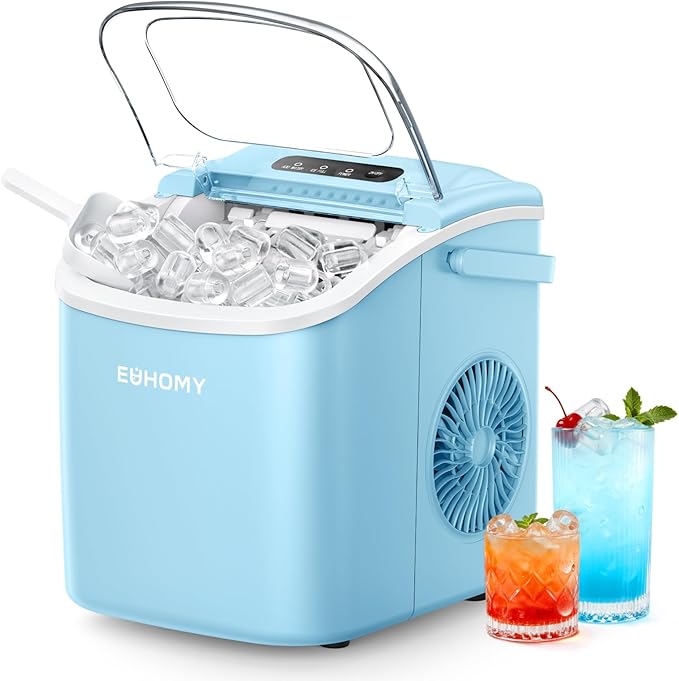 EUHOMY Countertop Ice Maker Machine with Handle, 26lbs Per Day, 9 Ice Cubes Ready in 6 Mins, Auto-Cleaning Portable Ice Maker with Basket and Scoop, for Home/Kitchen/Camping/RV (Blue)