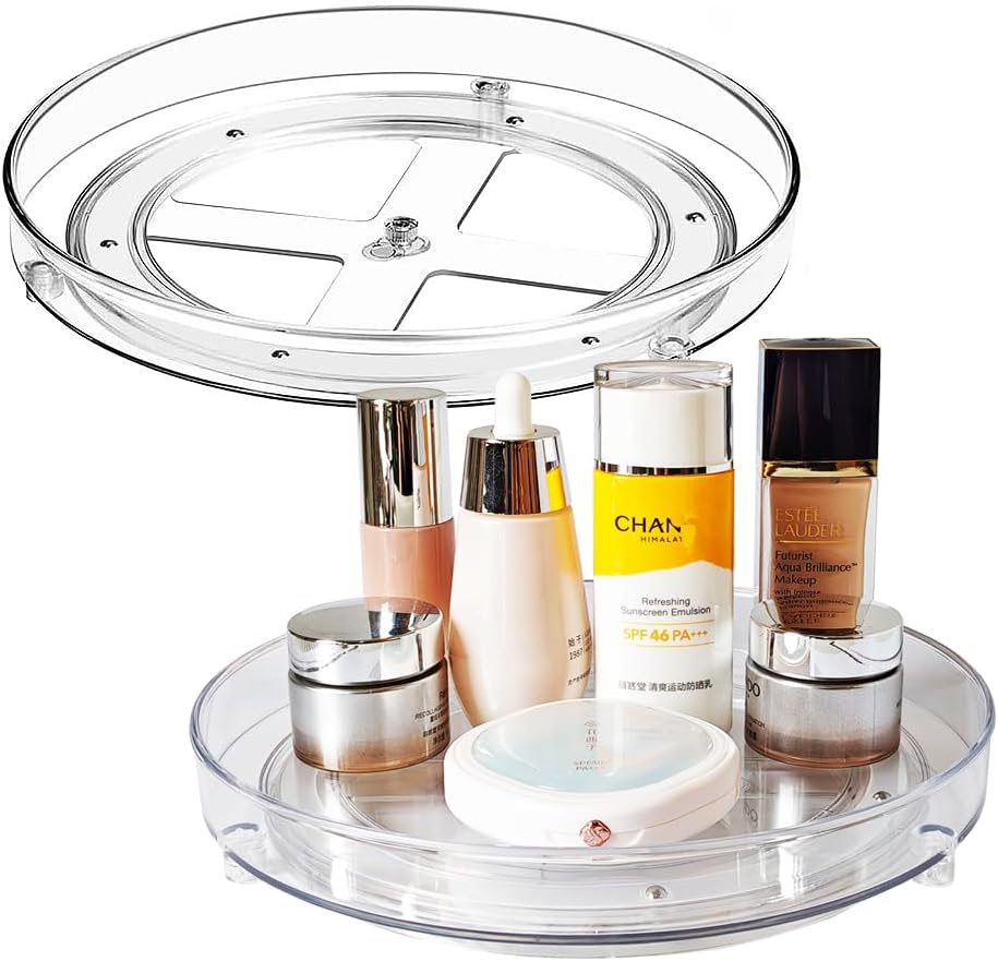 2 Pack Clear Lazy Susan Turntable Organizer, 9.25Inch 360 Rotating Makeup Organizer for Vanity, Desktop Cosmetics Display Cabinet and Perfume Organizer for Small Spaces in Kitchen, Bathroom, Dorm