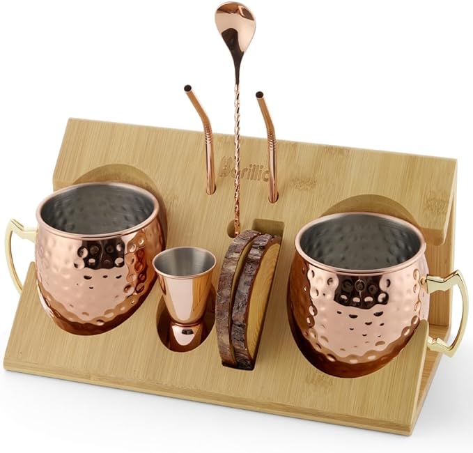 Barillio Moscow Mule Mugs Set - 2 Stainless Steel, Copper-Plated Cocktail Mugs with Bamboo Stand - Food-Safe, Moscow Mule Kit with Copper Cups, Drinking Straws and Mixing Spoon - 2 x 18 Oz