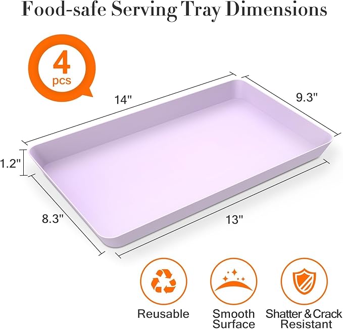 WOWBOX 4 pcs Serving Tray for Entertaining, Serving Platters for Snacks, Fruit, Cookies, Dessert, Reusable Plastic Trays for Serving Food and Pantry Organization in Kitchen & for Parties, (Purple)