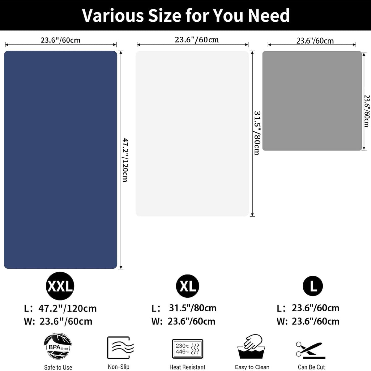 2MM Super Thick Large Silicone Mat, 23.6"x31.5", Non-Slip Heat Resistant, Thicken Kitchen Counter Mats, Waterproof Countertop Protector for Craft (Black)