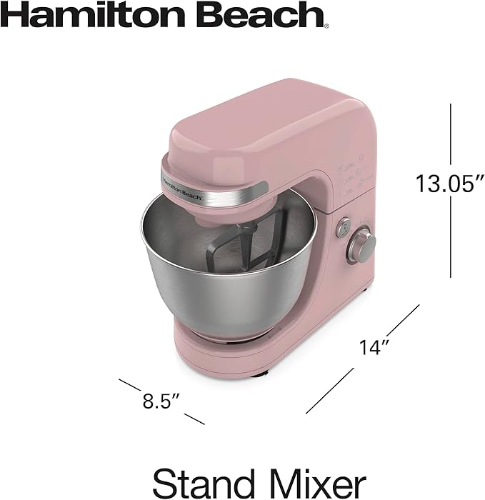 Hamilton Beach Electric Stand Mixer, 4 Quarts, Dough Hook, Flat Beater Attachments, Splash Guard 7 Speeds with Whisk, Rose