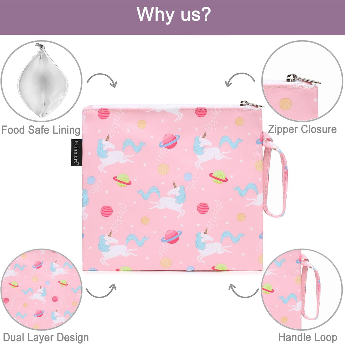 Reusable Sandwich Bag/Snack Bag for Kids & Adults, Dual Layer Lunch Bag with Handle, Washable, Food Safe, BPA Free (1-Pack, Planet Unicorn)
